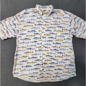 VTG Barn Fly EUC Mens Large Trout Fish Print Cotton Button Down Shirt USA Made